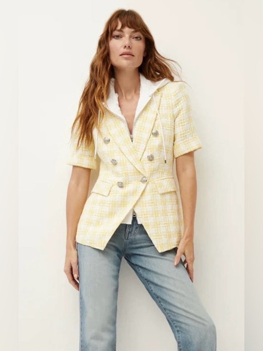 Veronica Beard Jenny Tweed Dickey Jacket with Removable Hoodie Drawstring Dickey